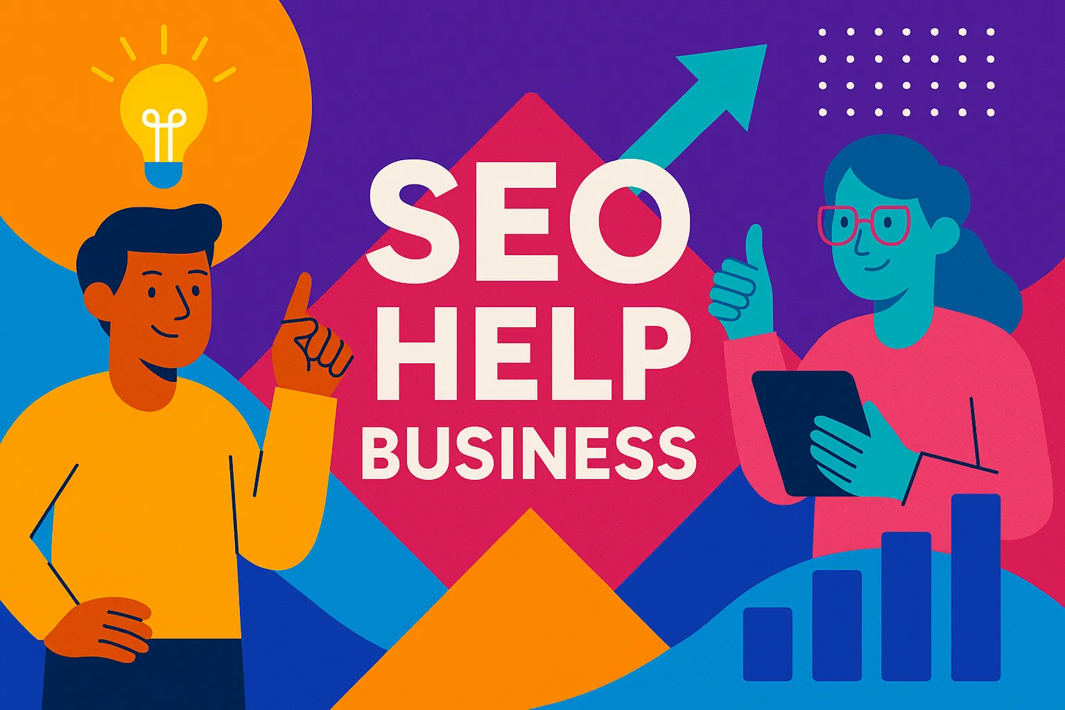 Colorful flat illustration of professionals giving thumbs up with upward arrow and bar chart representing how SEO help business results grow