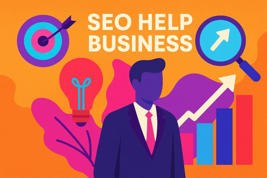 Digital artwork featuring a businessman with graphs and arrows highlighting how SEO help business visibility and ranking.
