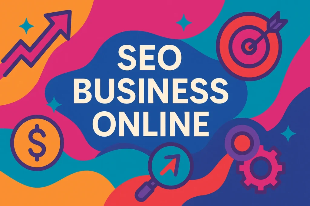 Vibrant illustration showing SEO icons for SEO business online strategy and digital growth