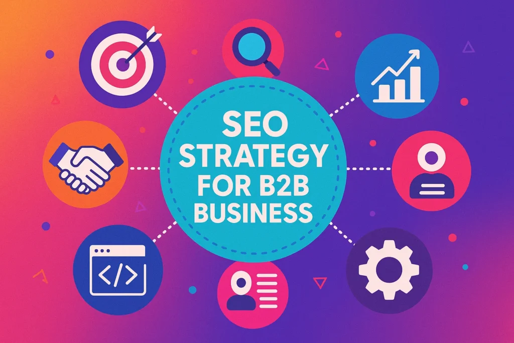 Infographic showcasing elements of a successful SEO strategy for B2B business.