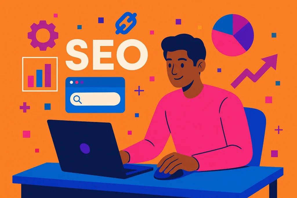 Modern flat design of an SEO strategist at a desk surrounded by metrics and charts related to SEO business goals.