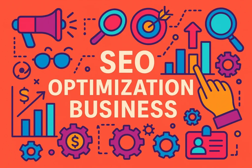 Colorful flat-style infographic illustrating growth tools for SEO optimization business with icons and charts.