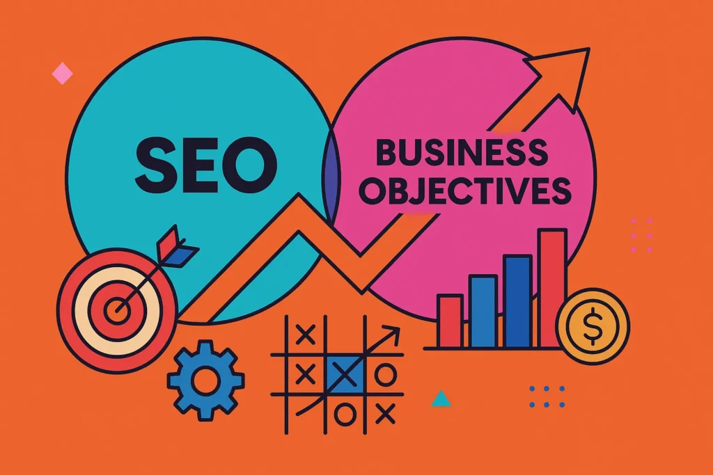 Illustration of SEO and business objectives with rising graph and target icons