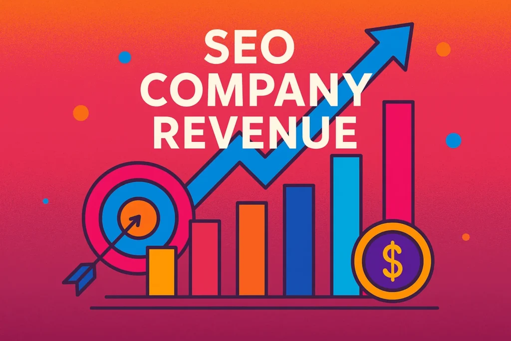 SEO company revenue chart illustration with rising graph, target icon, and colorful growth bars