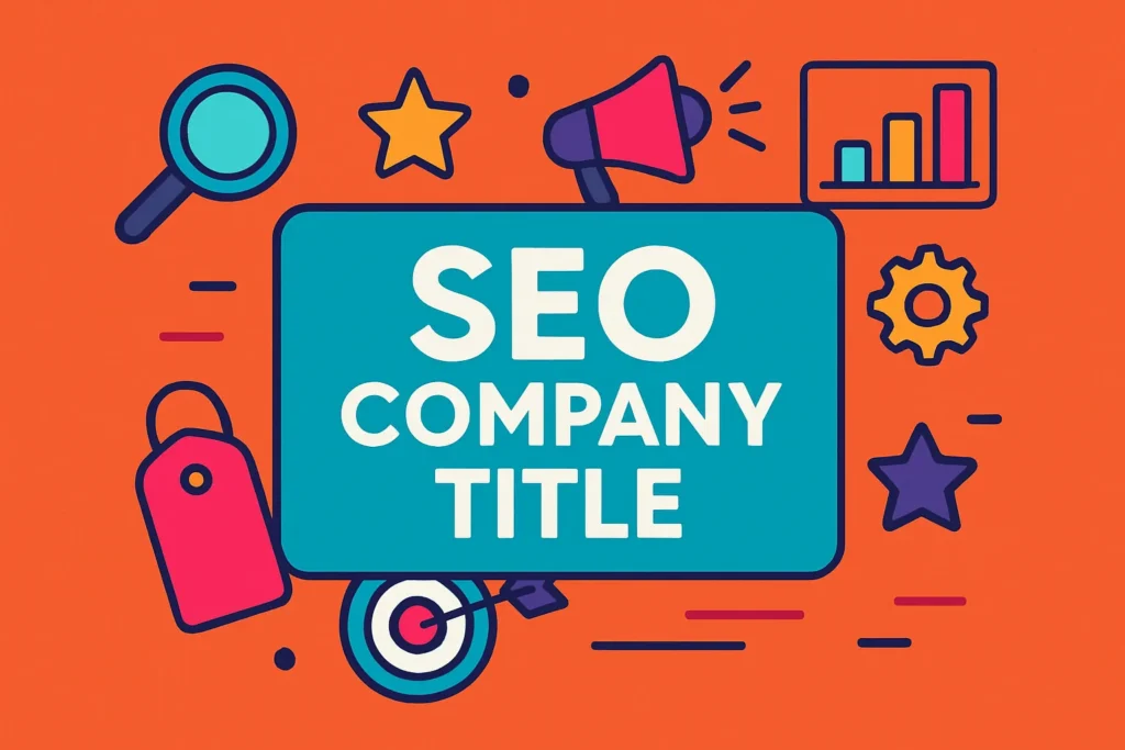 Creative flat-style illustration highlighting SEO company title with vibrant icons