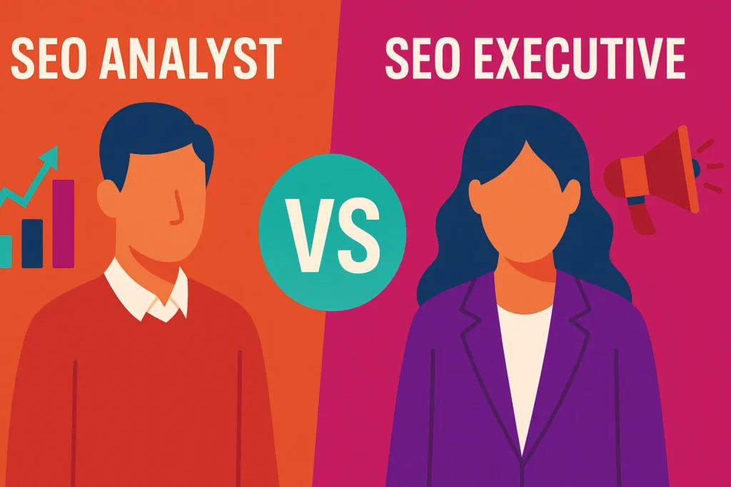 Illustrated comparison of seo analyst vs seo executive with visual symbols of data and communication