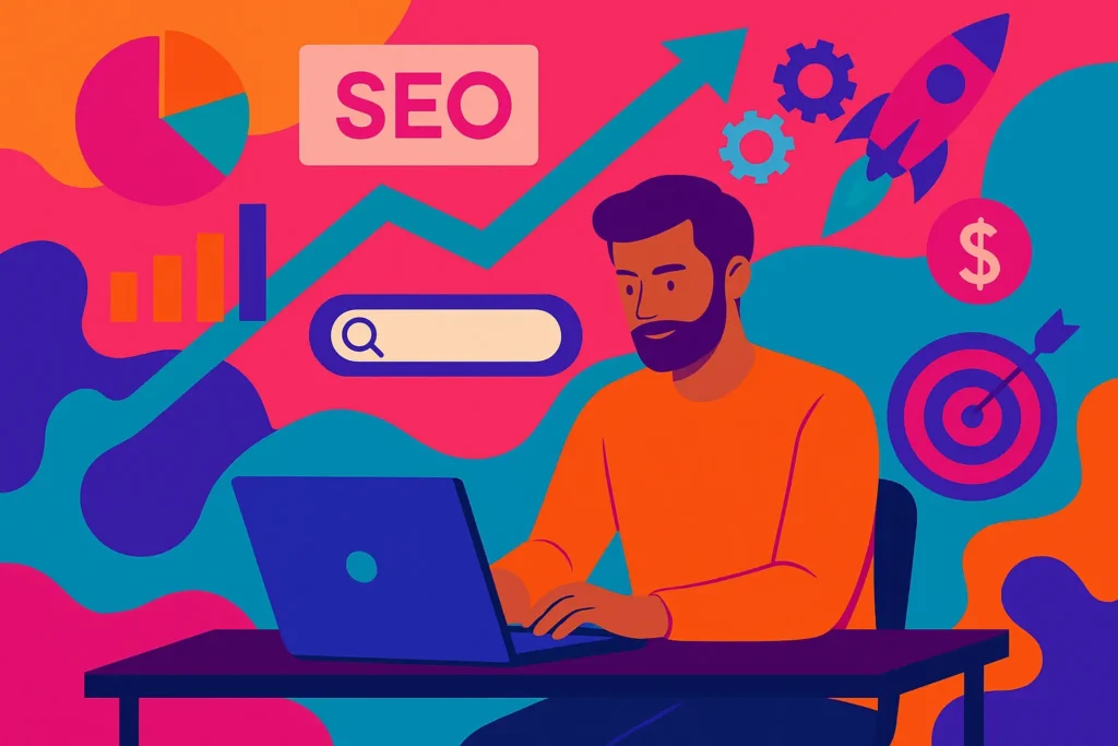 Colorful illustration of a man working on SEO strategy surrounded by graphs and marketing icons.