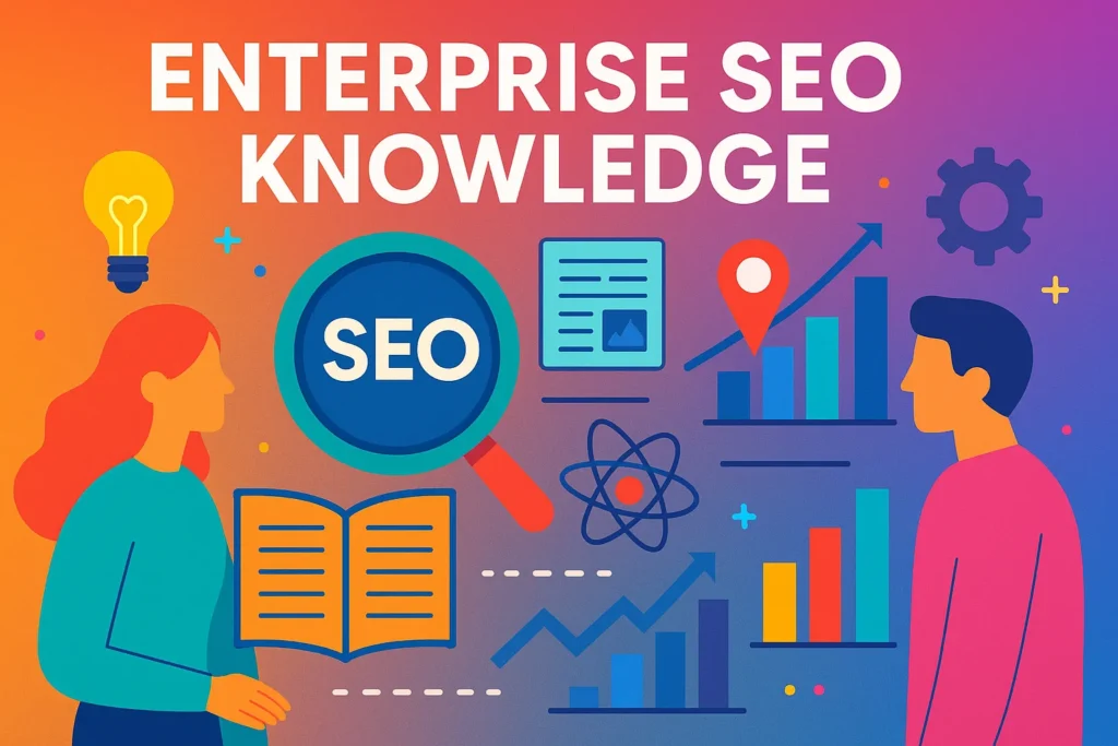 Creative illustration of enterprise SEO knowledge showing people, analytics, and structured data elements