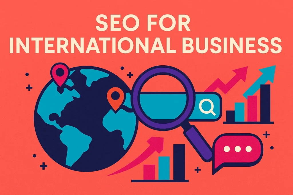 Illustration showing global SEO strategy with magnifying glass and bar charts for SEO for international business
