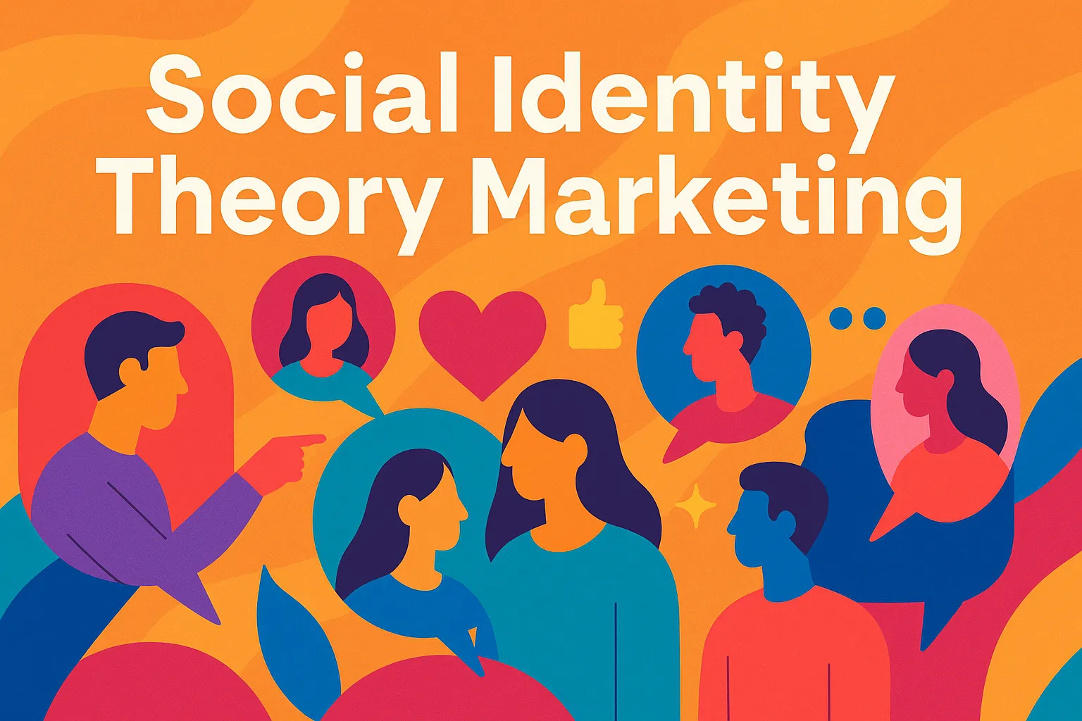 Illustration of people communicating within a shared community, representing social identity theory marketing.