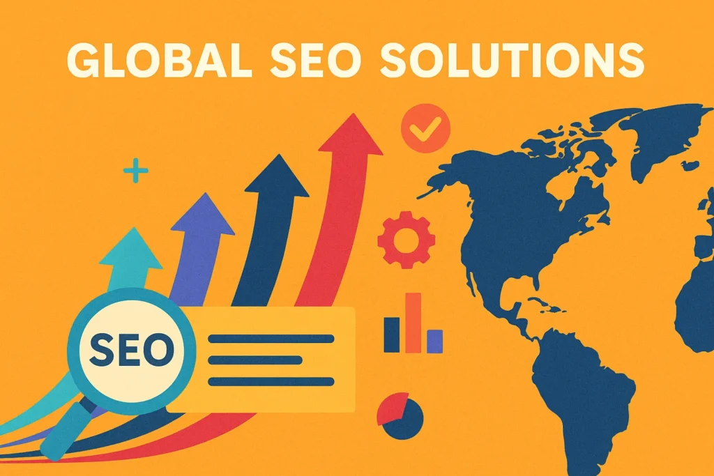 Digital illustration of global SEO solutions with upward arrows and SEO icons