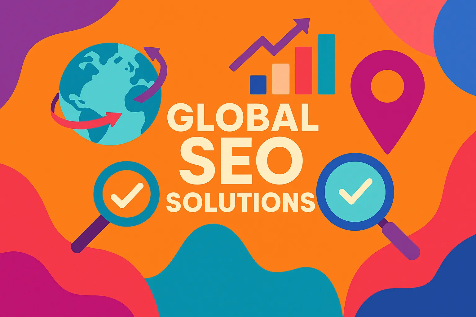 Vibrant graphic showing global SEO solutions with icons and globe visuals
