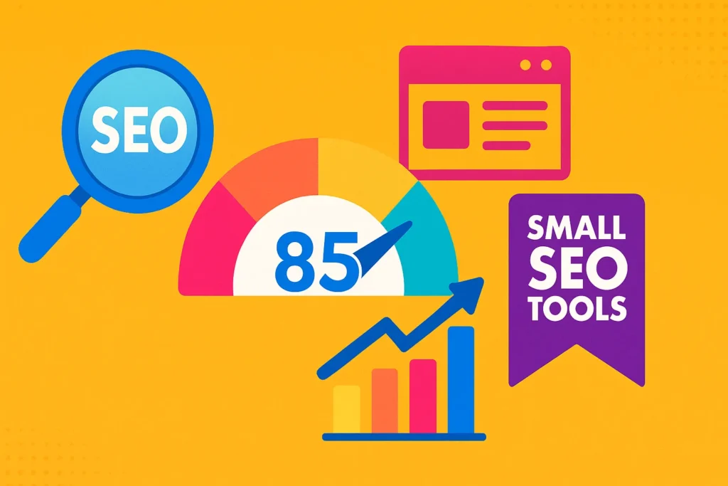 Colorful vector graphic featuring SEO gauge and charts symbolizing small SEO tools SEO score