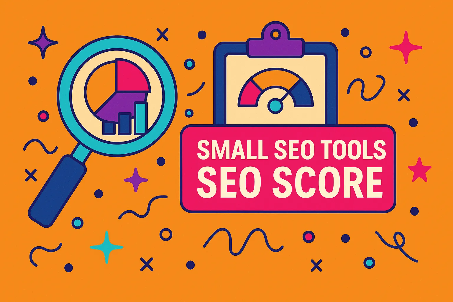 Flat vector illustration with magnifying glass and dashboard depicting small SEO tools SEO score analysis
