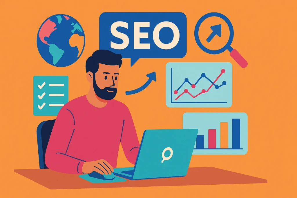 Digital illustration of a marketer analyzing data graphs for SEO for international business strategy.