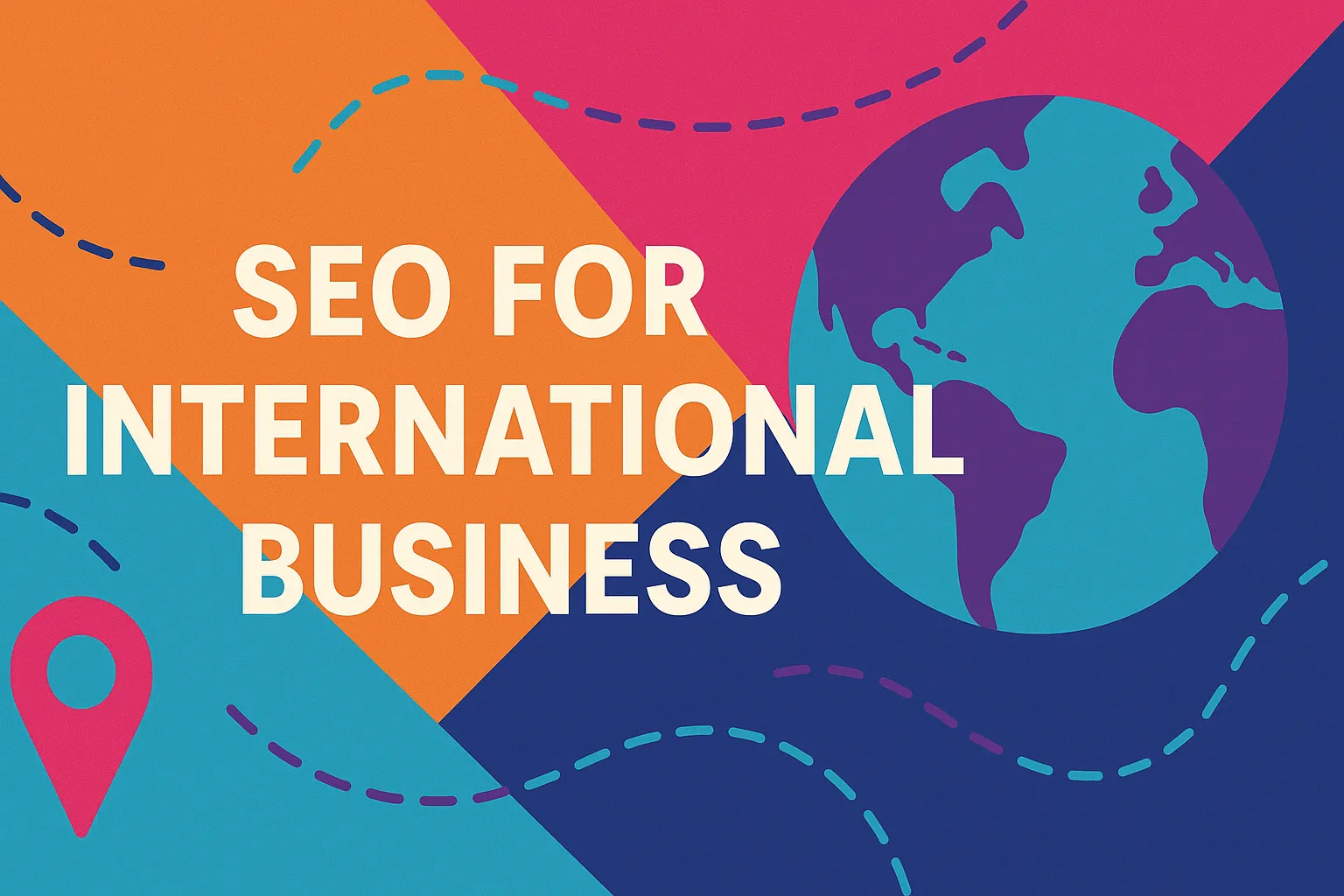 Abstract flat-style image showing global connectivity and SEO for international business with vibrant colors.