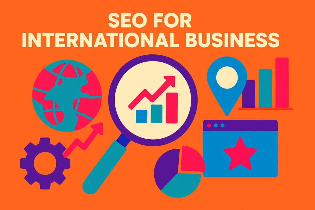 Creative icon-based image featuring charts and maps related to SEO for international business strategies.