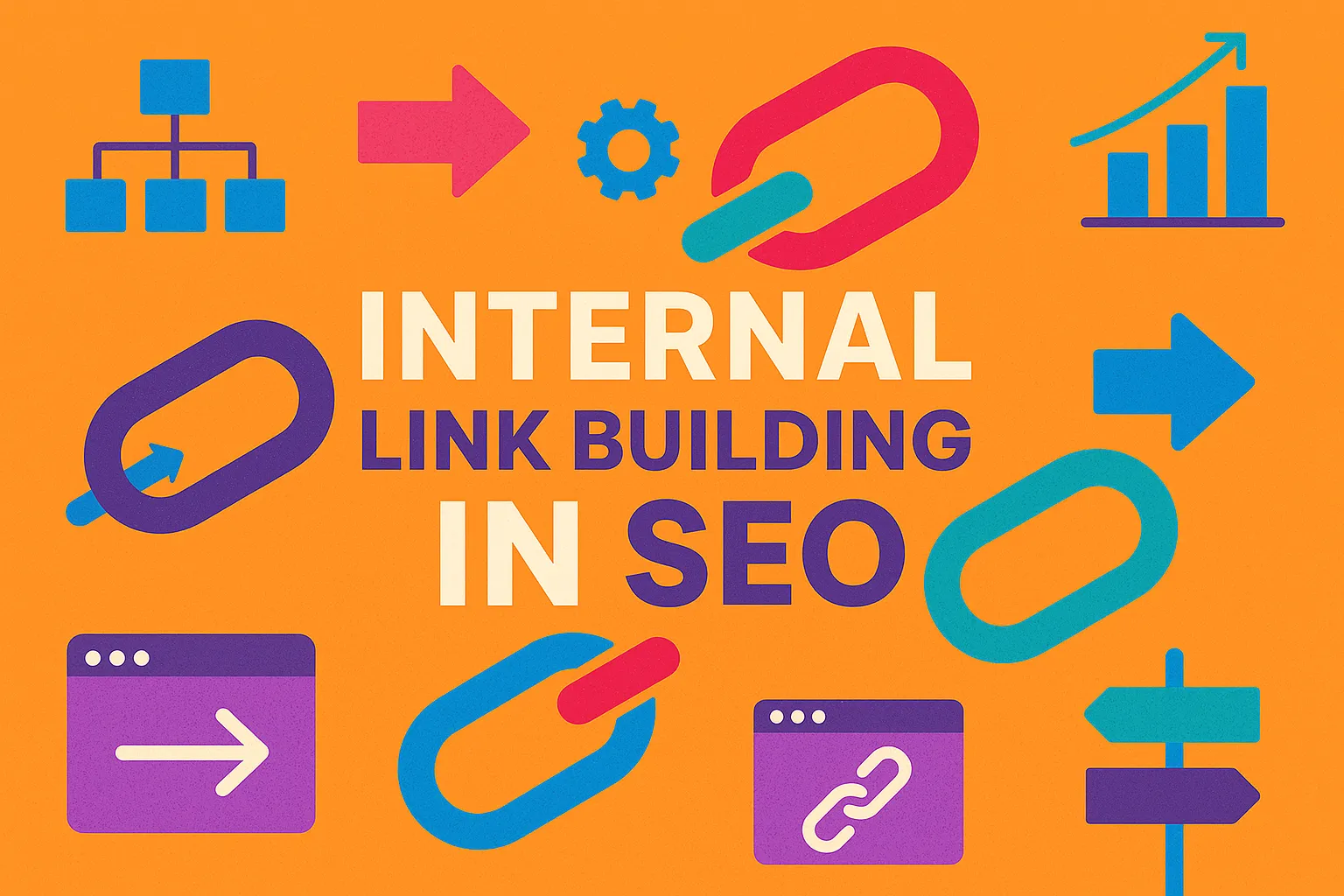 Diagram showing colorful web pages connected by arrows, representing internal link building in SEO