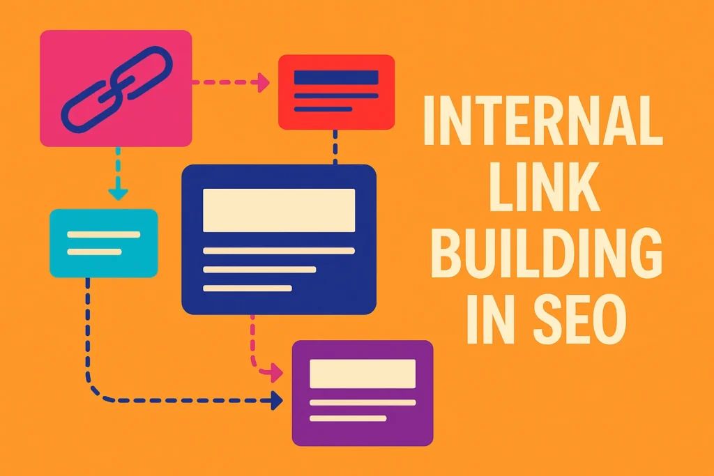 Flat illustration with SEO icons and chains demonstrating internal link building in SEO