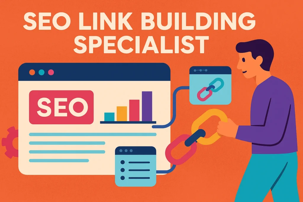 Illustrated SEO link building specialist connecting backlinks and growing website authority