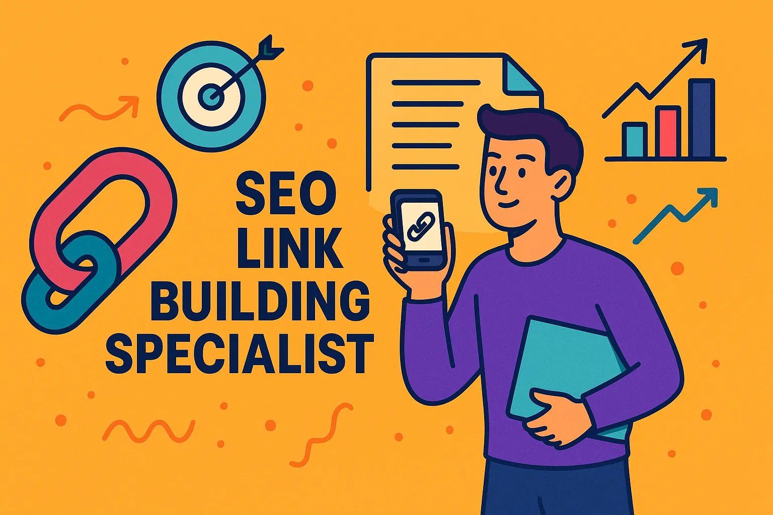 SEO link building specialist illustration showcasing outreach, analytics, and growth strategies