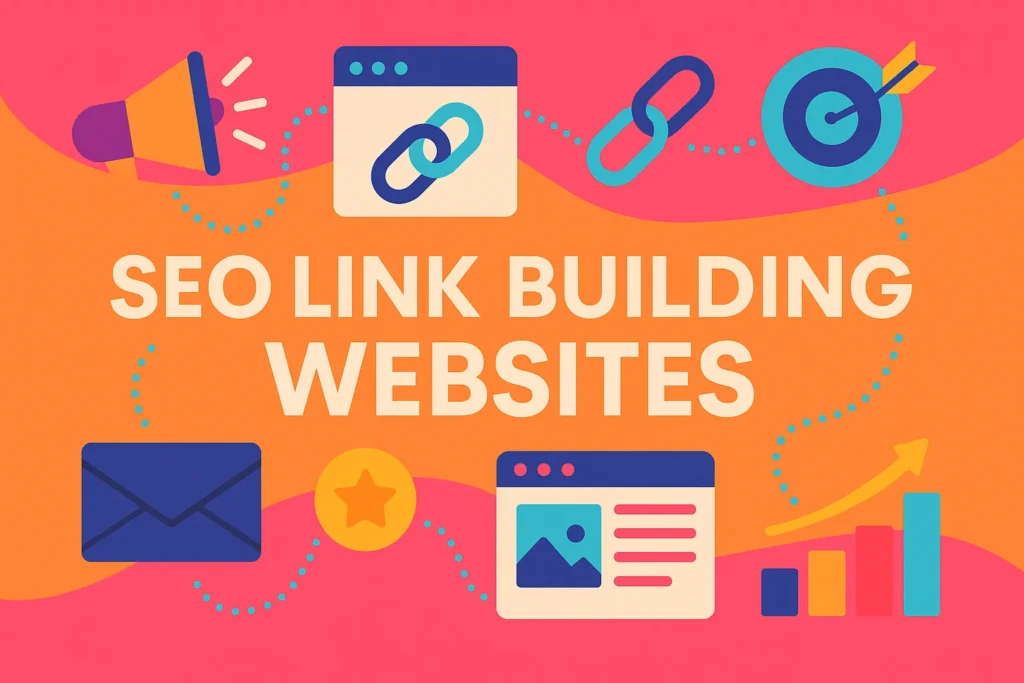 Vibrant infographic showing SEO elements like links, charts, and emails tied to SEO link building websites