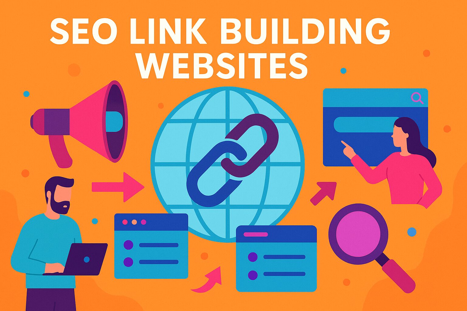 Illustration with globe, links, and people collaborating on SEO link building websites