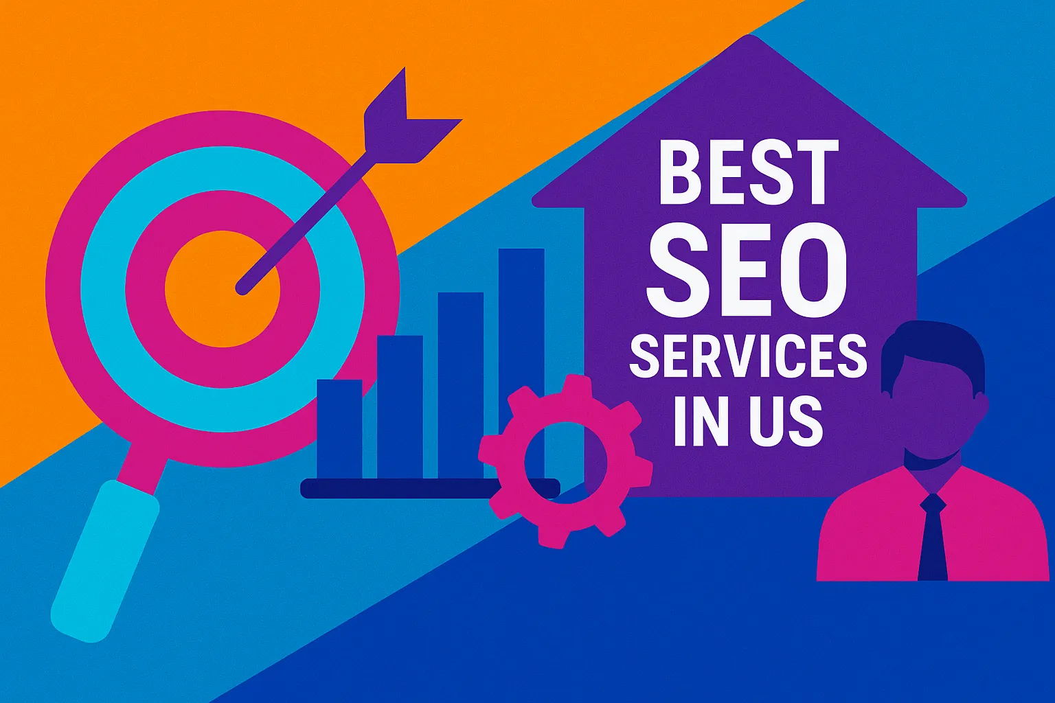 Illustration showing growth icons and professional figure representing best SEO services in US.