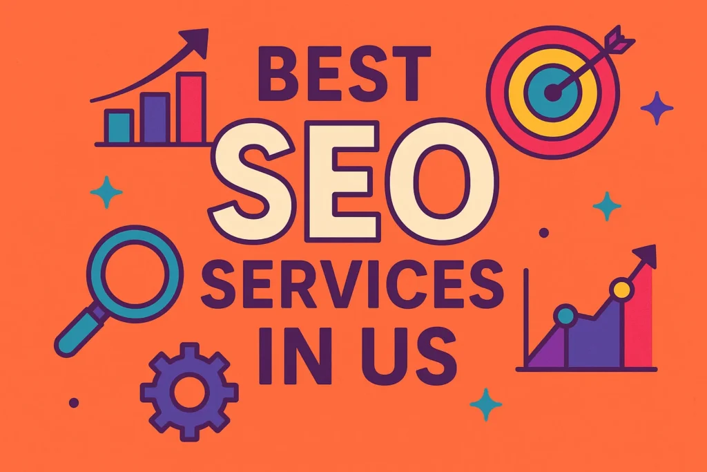 Creative flat design with analytics icons and magnifying glass labeled best SEO services in US.