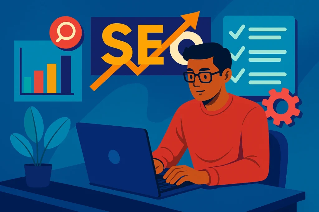 Digital marketer at desk surrounded by SEO icons demonstrating SEO management methods and techniques to achieve success