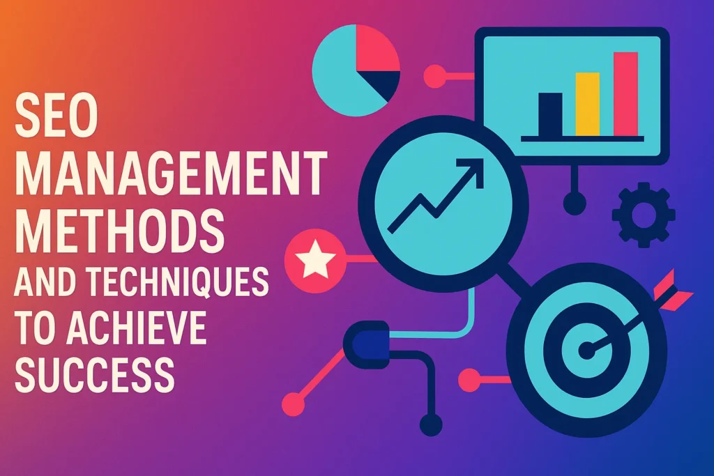 Flat illustration showing SEO tools and charts for SEO management methods and techniques to achieve success