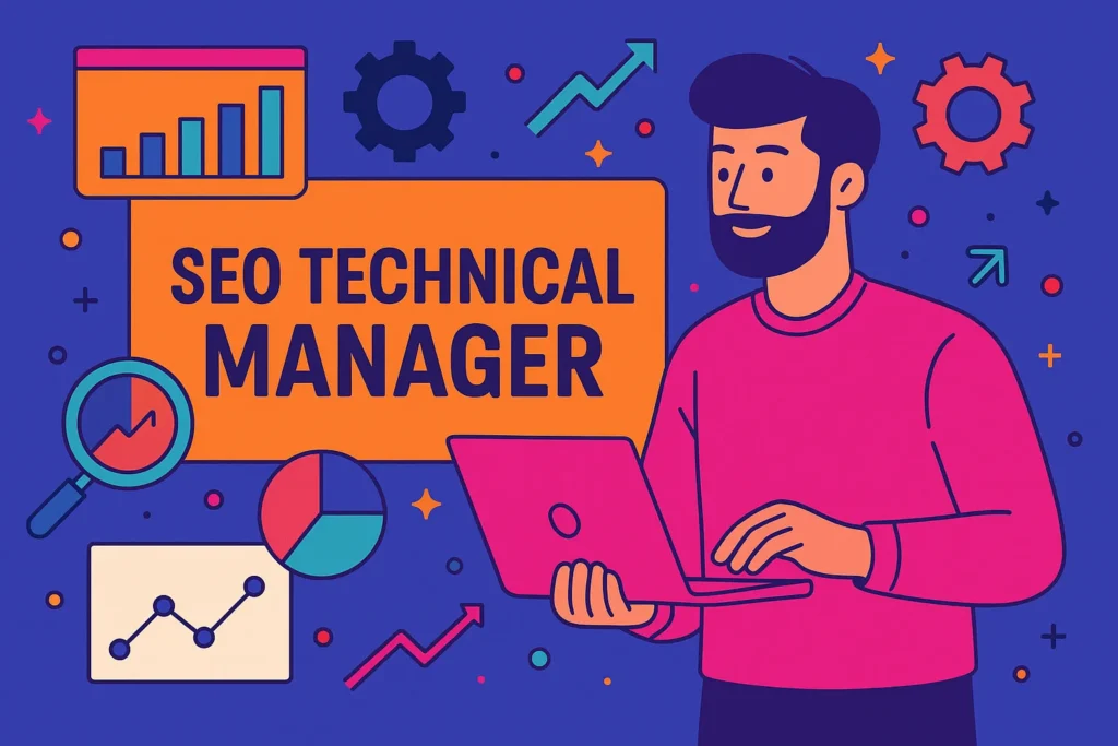 Illustration of a bearded SEO technical manager analyzing data with charts and icons in a vibrant digital workspace