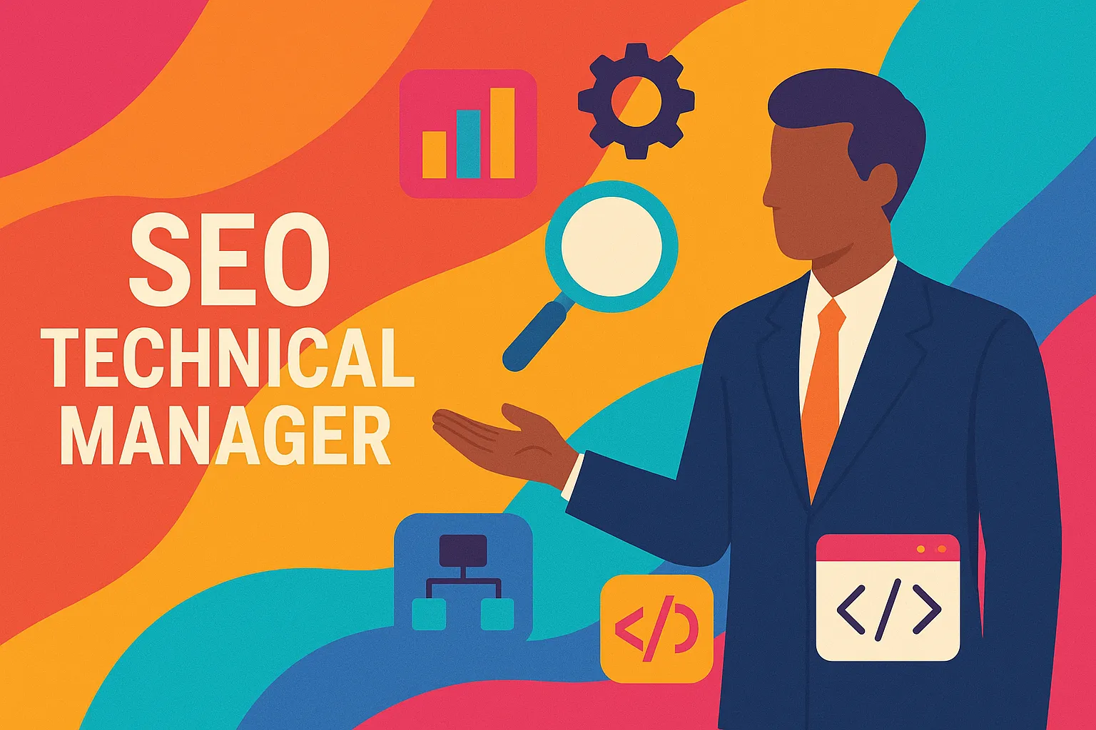 Flat design image of an SEO technical manager in a suit presenting technical SEO elements like code, graphs, and tools