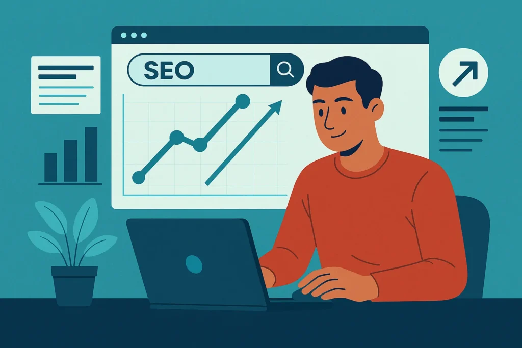 SEO technical manager working on a laptop with growth charts and performance data in the background