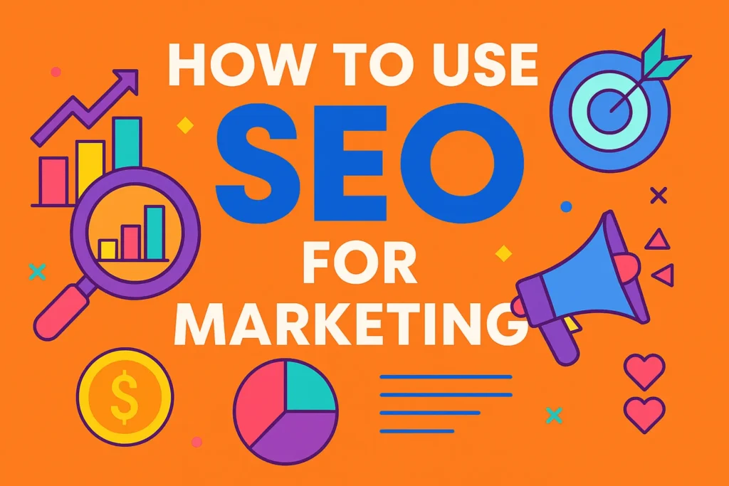 Illustration showing how to use SEO for marketing with colorful charts, megaphone, and target icon