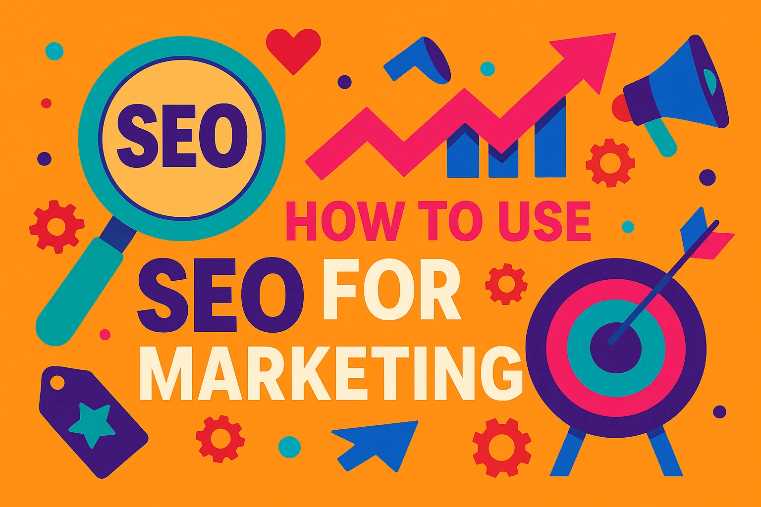 Creative flat-style image showing how to use SEO for marketing with arrows, graphs, and branding icons