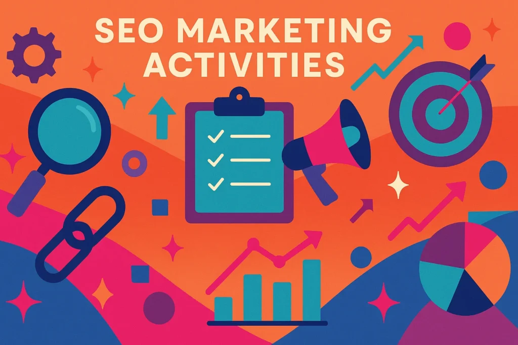 Colorful flat-style illustration representing SEO marketing activities with checklist, link building, and analytics icons.