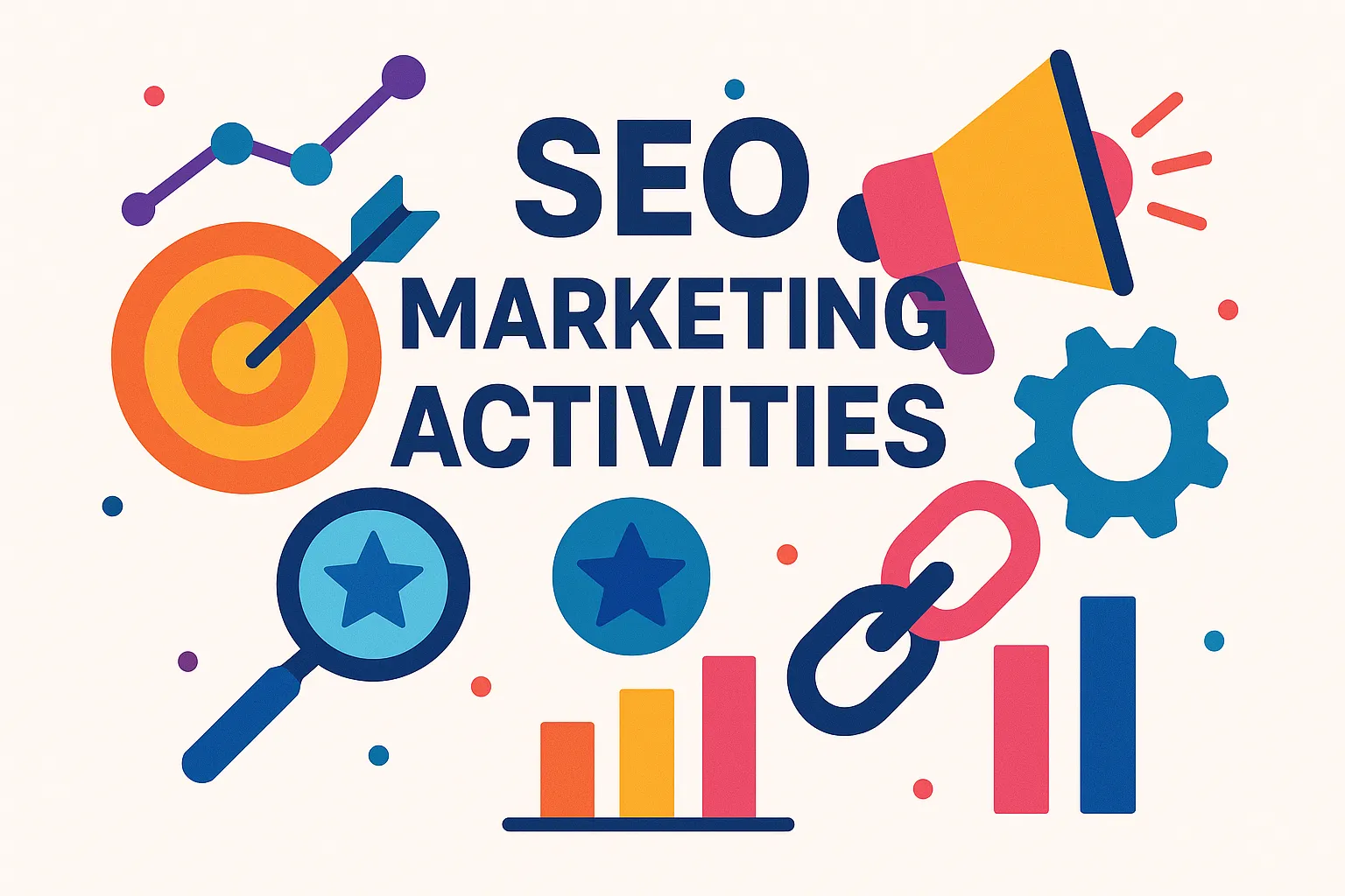Modern graphic showing SEO marketing activities including target, links, megaphone, and growth metrics on a clean background.