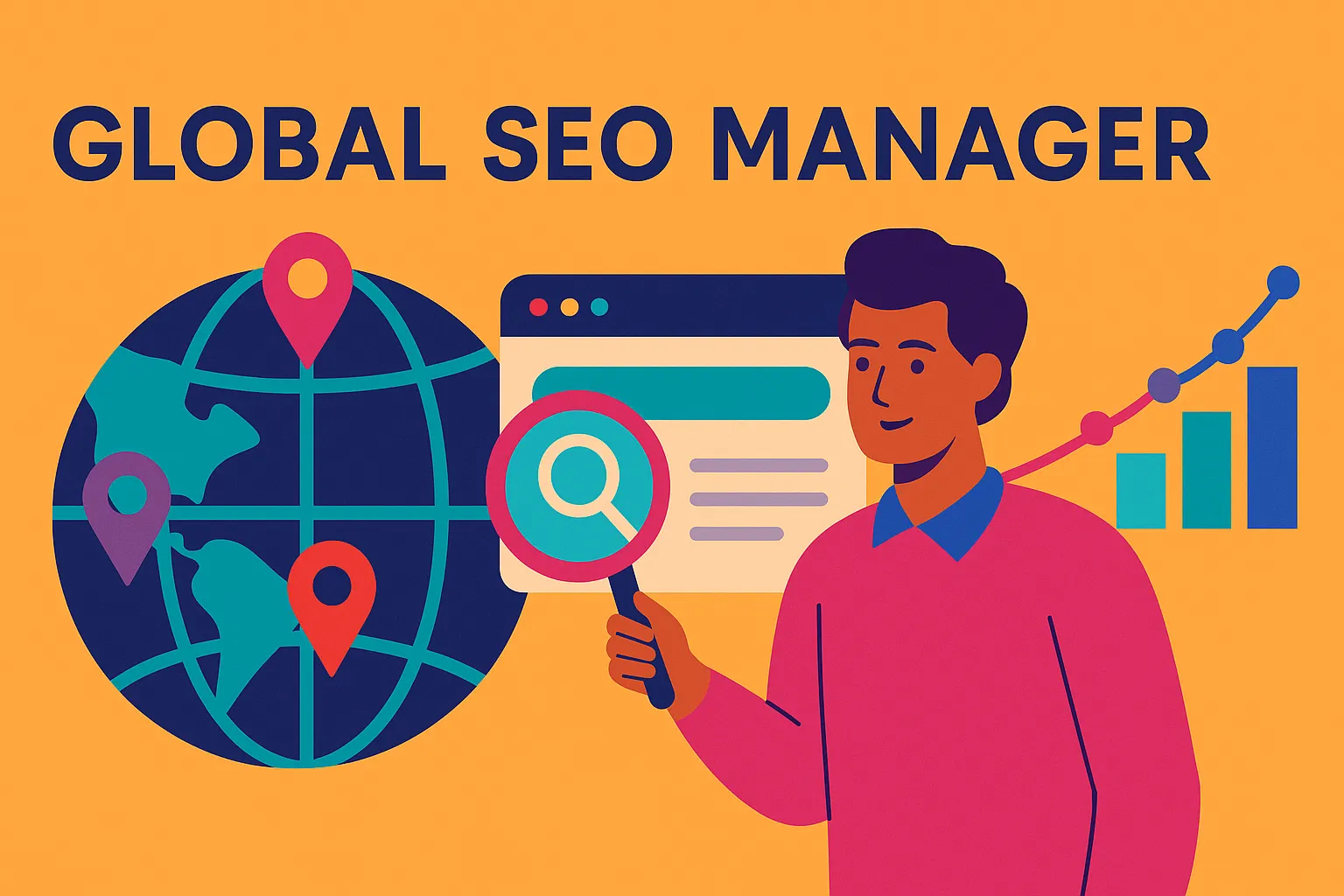 Illustration of a global SEO manager analyzing international search data with graphs and location pins