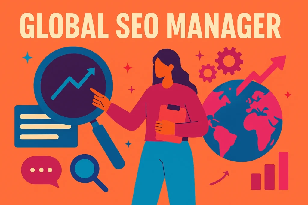 Female global SEO manager presenting growth trends with globe, charts, and gear icons