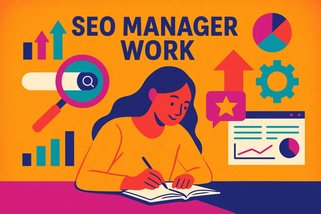 SEO manager work visualized through a vibrant illustration of a woman planning strategy with charts and graphs