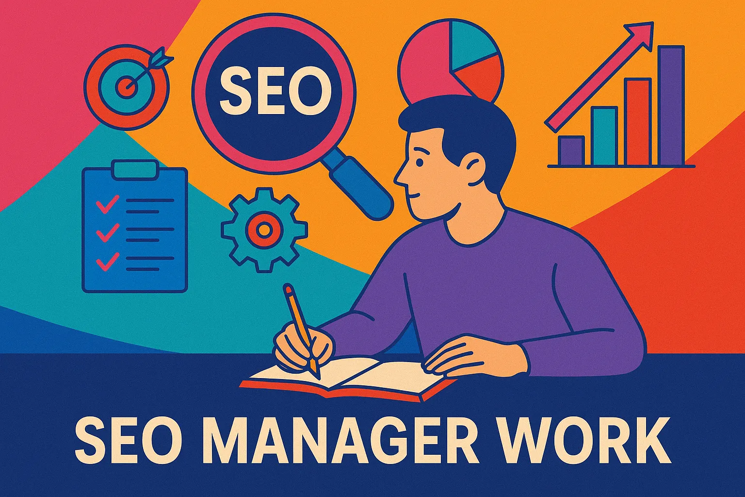 SEO manager work shown with a male strategist surrounded by task checklists, SEO tools, and analytics graphics