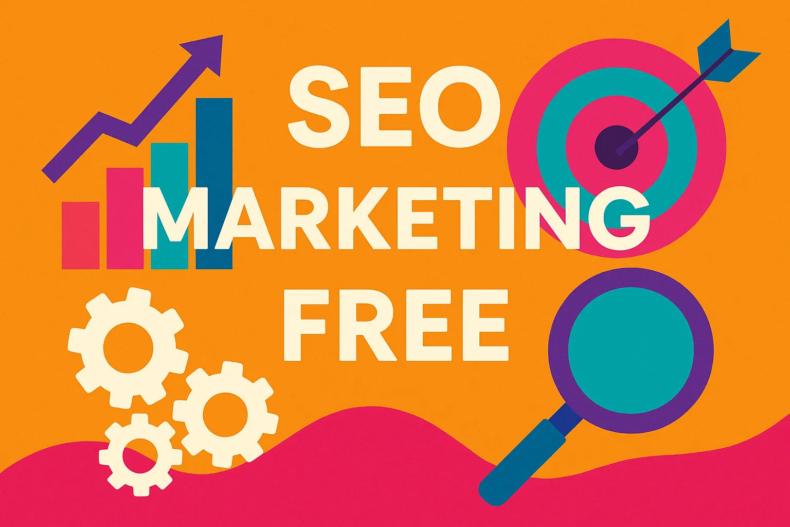 Flat illustration showing gears, charts, a magnifier and target, representing seo marketing free strategies.