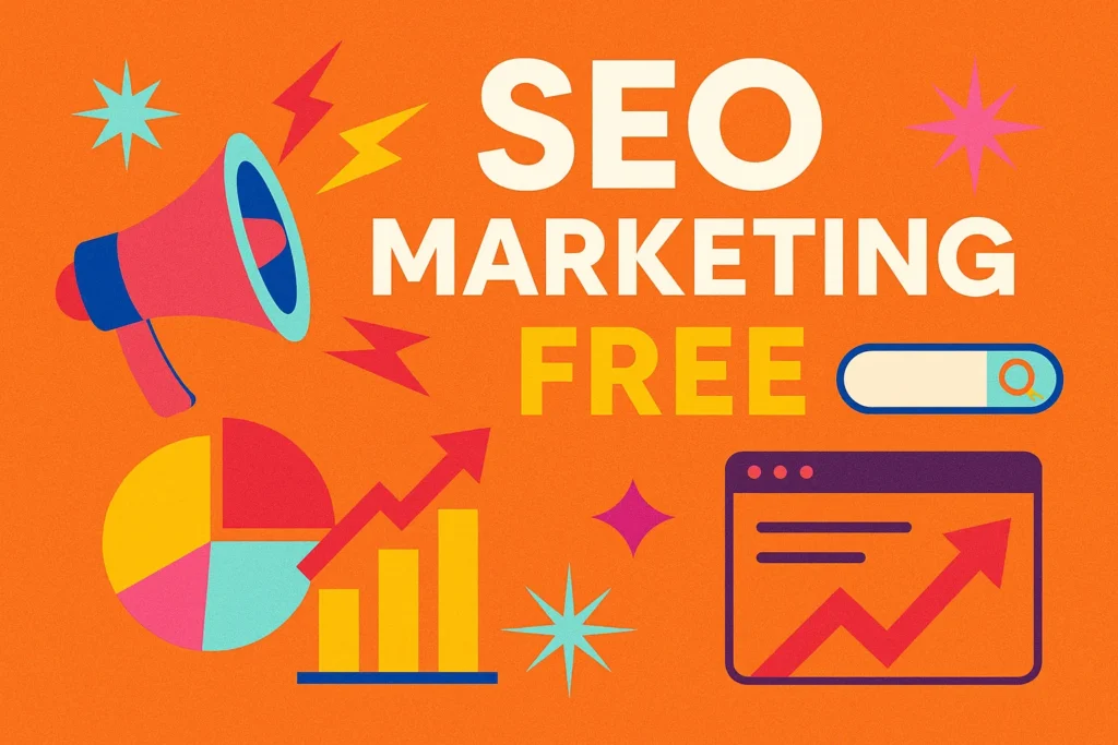 Bold and colorful seo marketing free banner with charts, megaphone, and performance graphics.