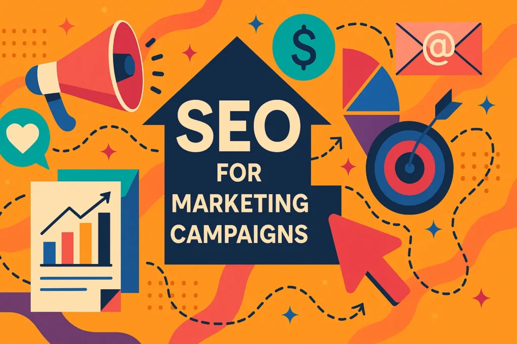 Colorful flat-style illustration showcasing elements of seo for marketing campaigns, including charts, email, and targets