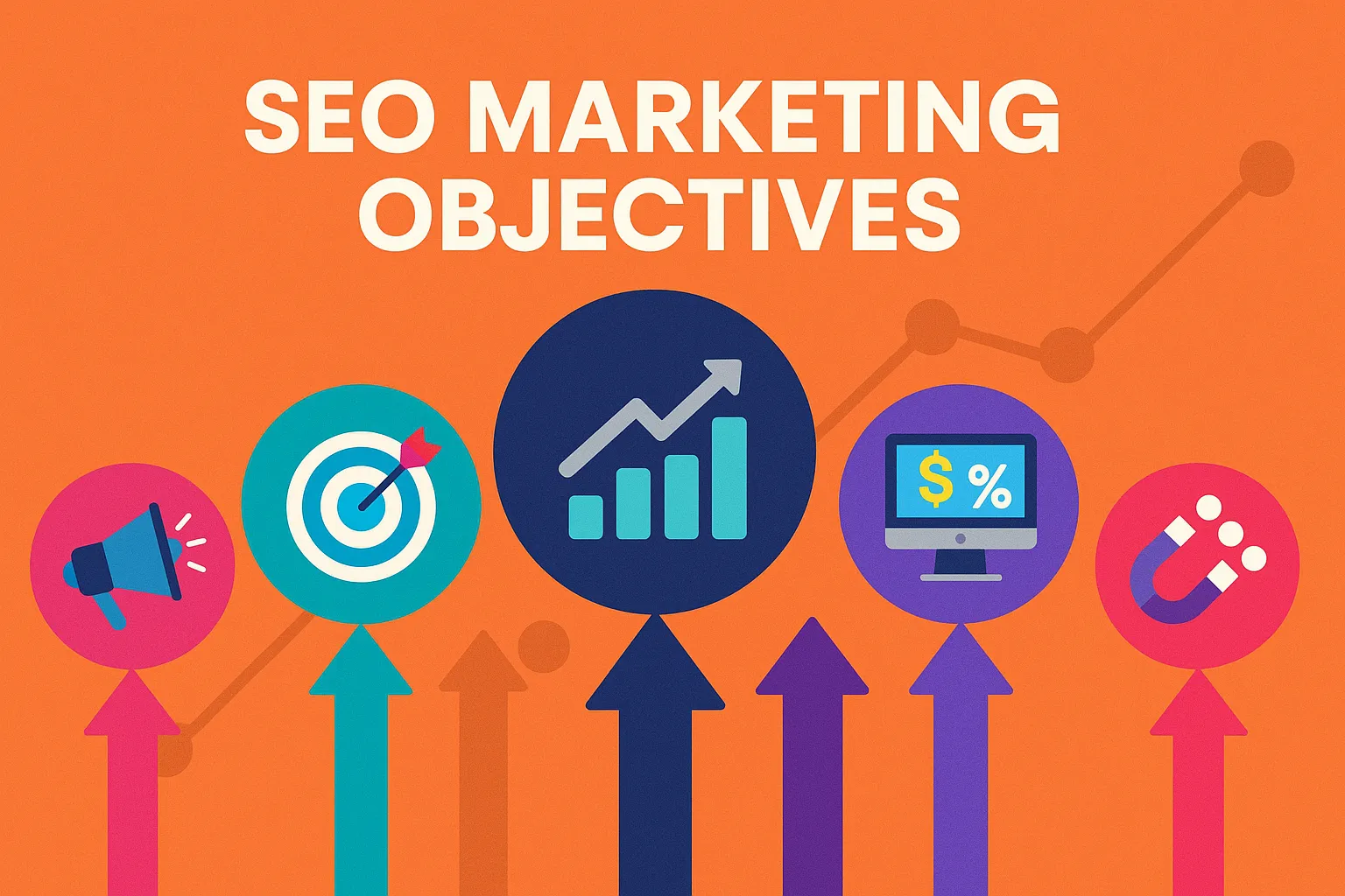 Colorful illustration showing SEO marketing objectives with growth icons and upward arrows on an orange background.