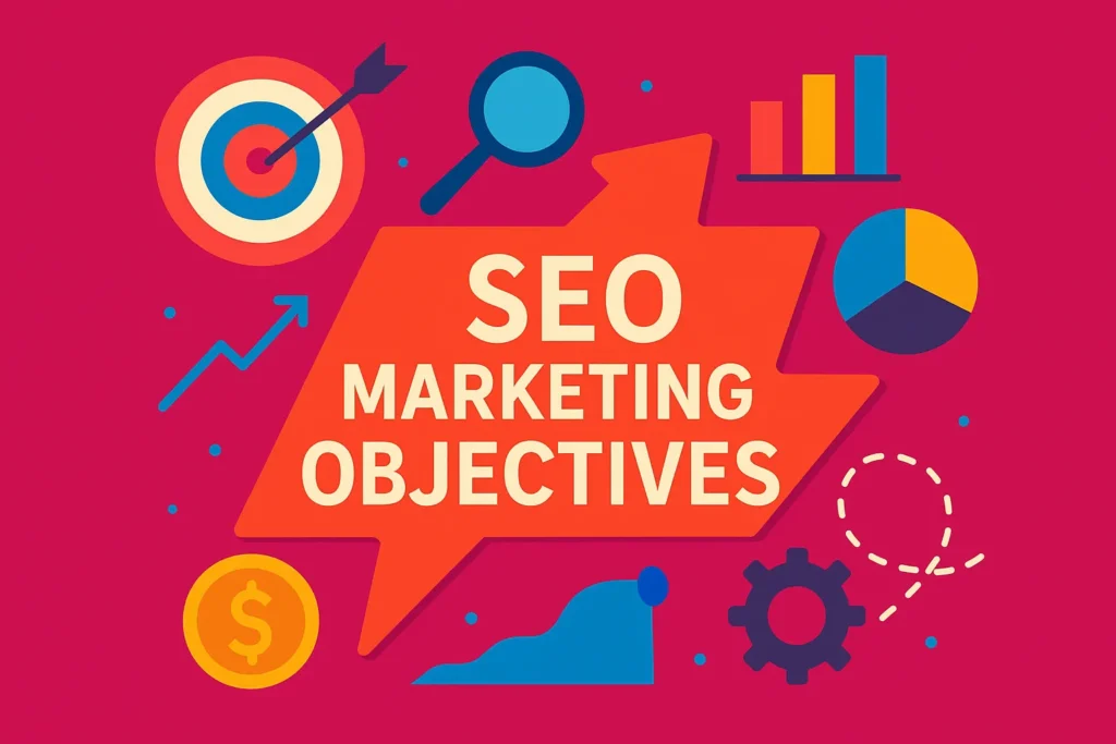 Flat design graphic highlighting SEO marketing objectives using a bold arrow and icons for analytics and conversions.