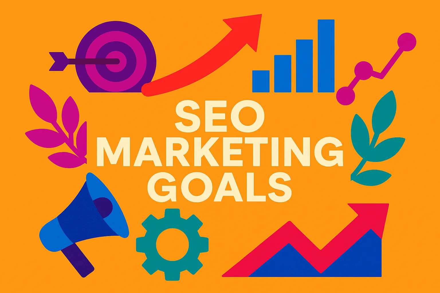 Flat design illustration with icons representing SEO marketing goals such as arrows, graphs, and targets.
