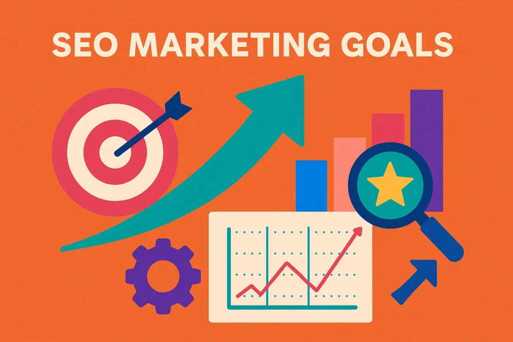 Visual infographic with upward arrows and analytics graphs symbolizing strategic SEO marketing goals.