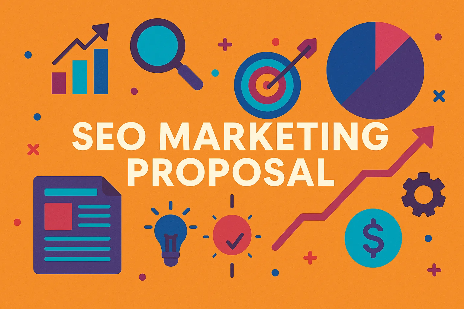 Colorful graphic with marketing icons and text that reads “SEO Marketing Proposal” representing strategy elements.